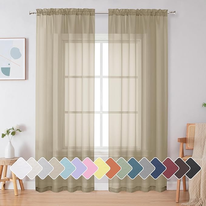 Simplebrand Taupe Sheer Curtains 72 Inches Long 2 Panels, Light Filtering Rod by Simplebrand