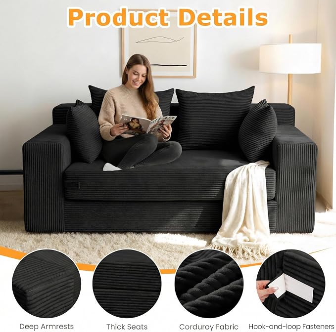 55" Small Boneless Couch, 3-in-1 Boneless Loveseat Sleeper Sofa Bed Convertible - Image 6
