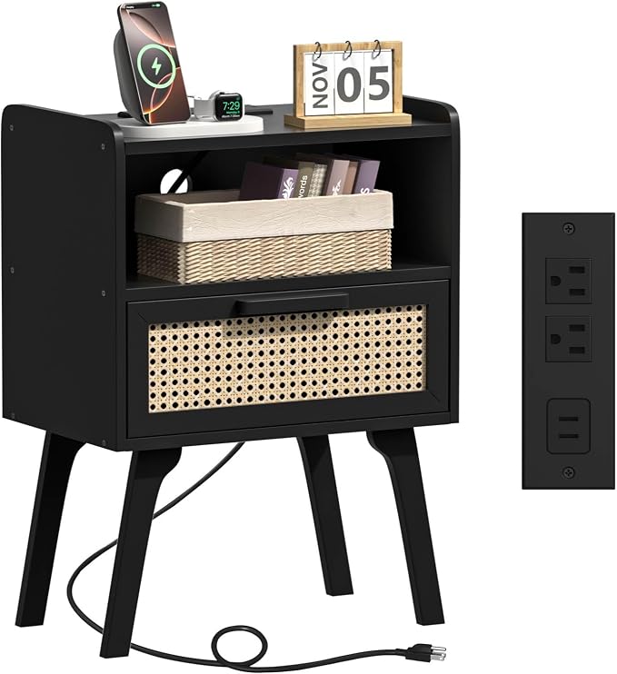 Lerliuo Rattan Nightstand with Charging Station, Cane Accent Side End Table by Lerliuo