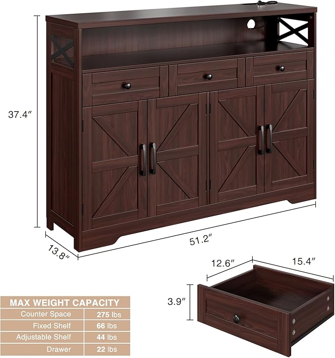 Befrases 52" L Modern Farmhouse Sideboard Buffet Cabinet, Kitchen Pantry Hutch - Image 3