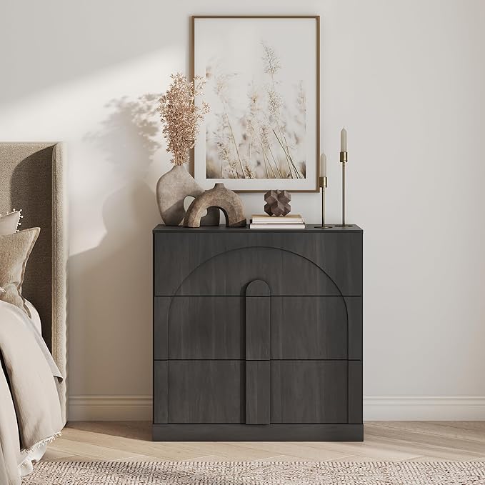 BELLEZE Sideboard Cabinet with 3 Drawers, Modern Wood Buffet Cabinet with Arc by BELLEZE