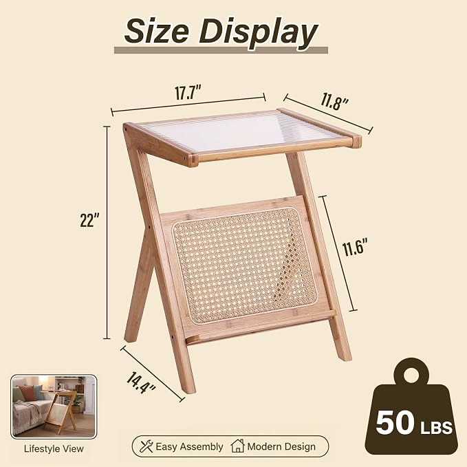 Tiita Rattan Side Table, Mid Century Nightstand, Bamboo Accent Bedside Tables - Image 3