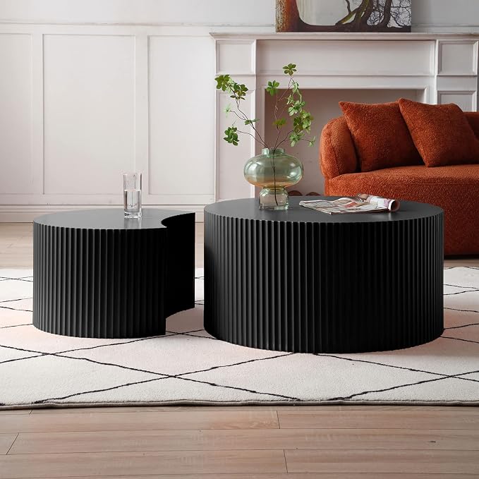 55.12'' Black Round Nesting Coffee Table Set of 2, Modern Side End Table by JJKFurniture-kevinplus