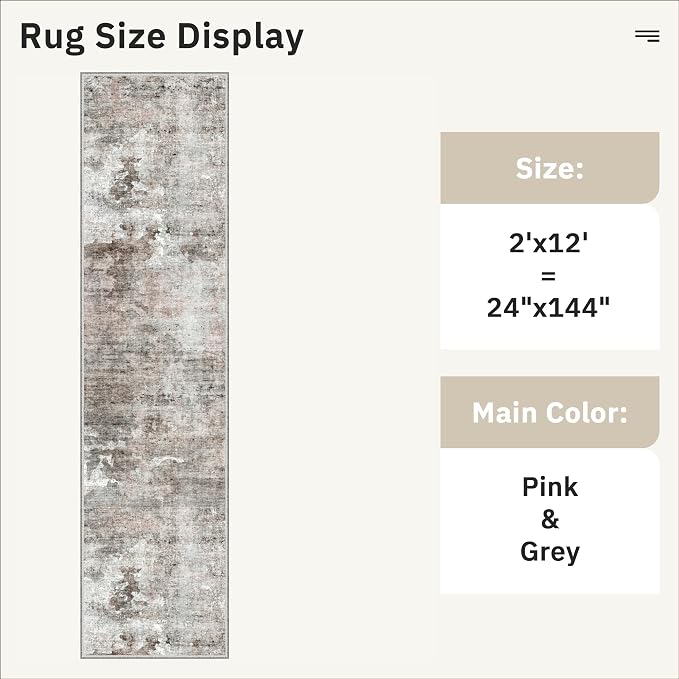 Soalmost Abstract Runner Rug 2x12 Hallway Kitchen Runners Pink/Grey | Vintage - Image 5