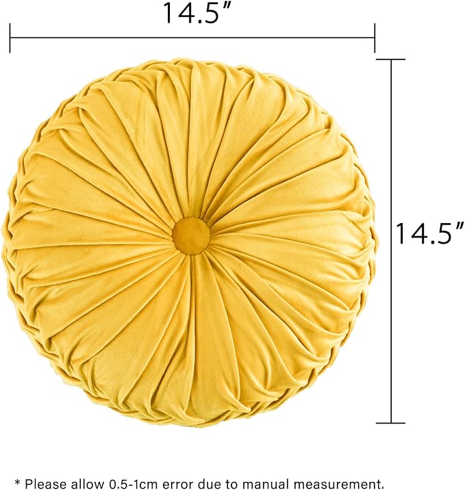 HIG Set of 2 Yellow Velvet Decorative Round Pleated Throw Pillows | Vintage - Image 5