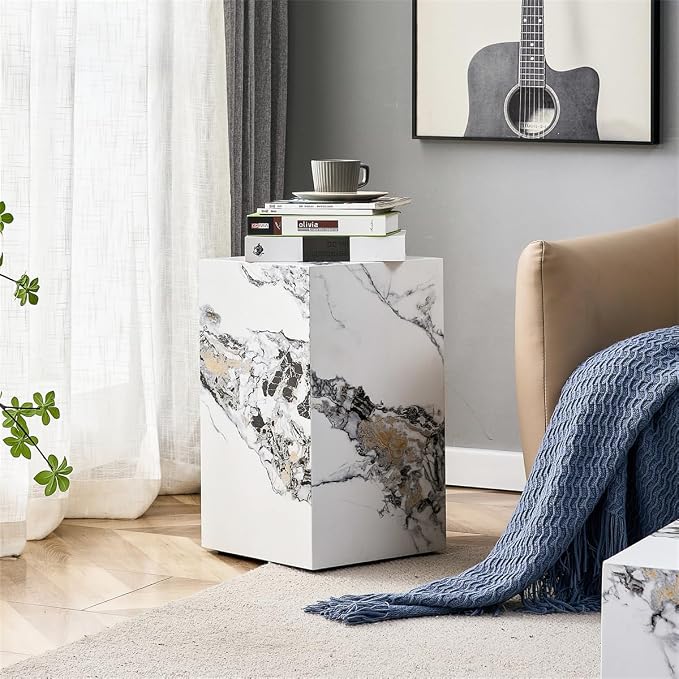 End Table, Side Table Living Room Table, Faux Marble Sofa Couch White Bedside - Image 3