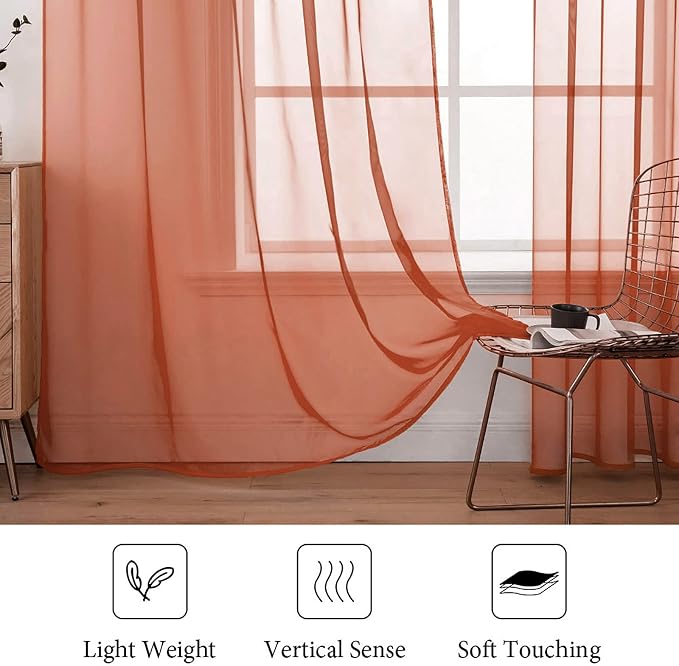 MIULEE Fall Burnt Orange Sheer Curtains 54 X 72 Inches, 2 Panels | Solid Color - Image 4