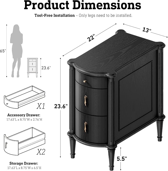 STO'SENSE Nightstand w/Charging Station & 3 Drawers, Pre-Assembled, Vintage - Image 2