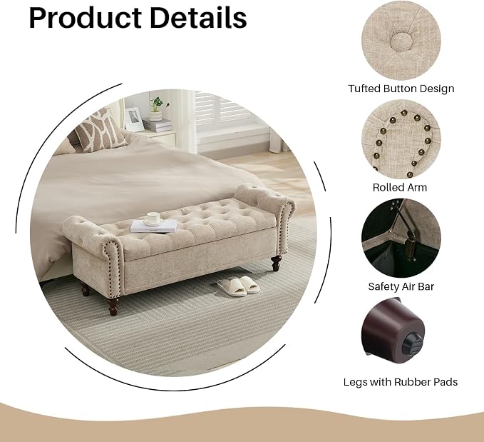 SOFTHION 58.1" Storage Bench Upholstered Chenille End of Bedroom Bed Bench - Image 4