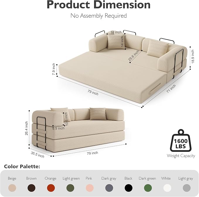 79in Convertible Sofa Bed, Corduroy Boneless Couch Bed, Futon Sleeper Sofa Pull - Image 2