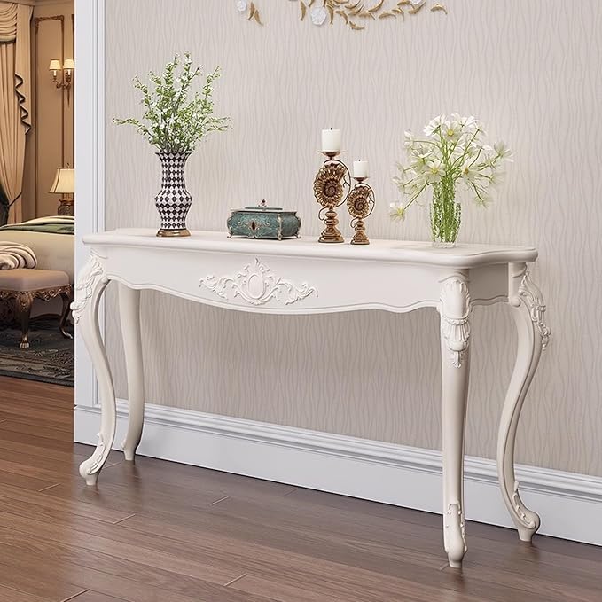 Victorian Style White Console Table, Vintage Entryway Foyer Narrow Sofa Table by Unknown
