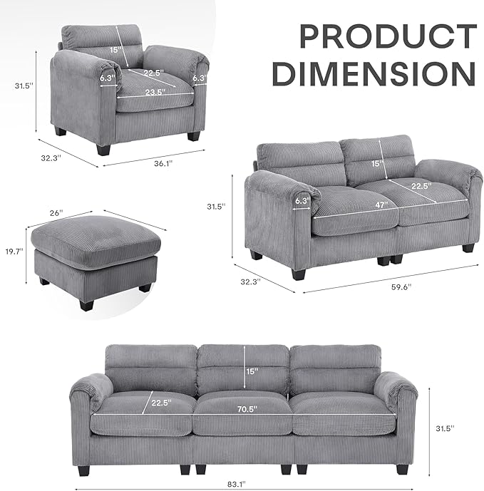 HAOMARKETS Corduroy 2-Piece Sofa Set, Upholstered Ottoman and Accent Chair Sofa - Image 2