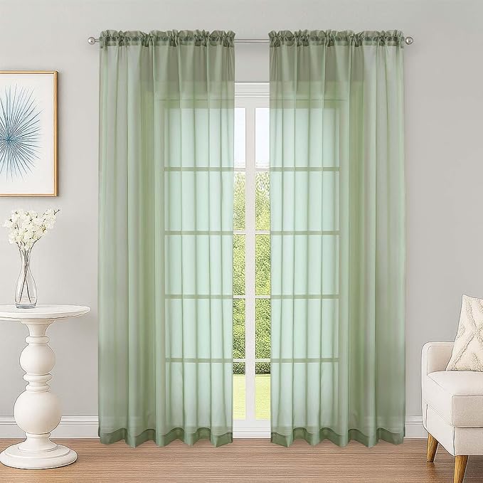 Sheer Curtains 84 Inches Long 2 Panels Set, Sage Green Sheer Curtain by OWENIE