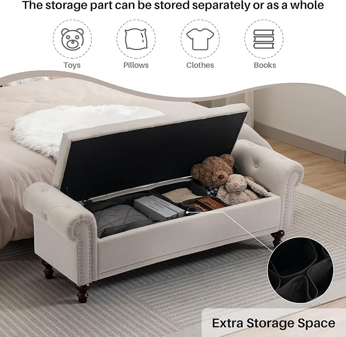 SOFTHION 58.1" Storage Bench Upholstered Linen End of Bedroom Bed Bench Ottoman - Image 3