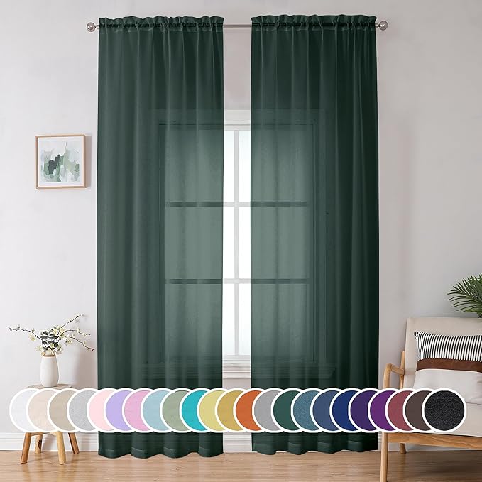 Green Sheer Curtain 96 Inches Long 2 Panels Set by OWENIE