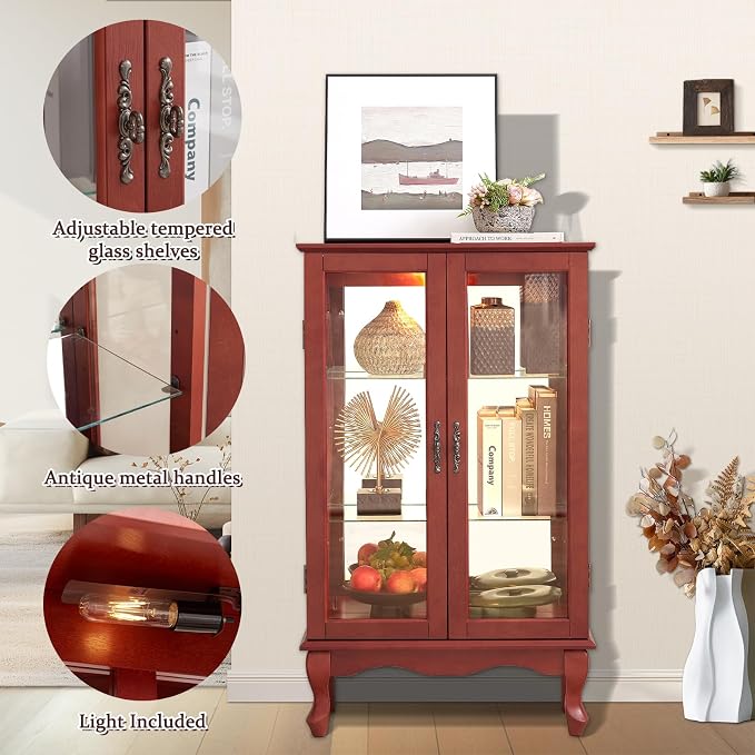 Curio Cabinet With Lighted Tall Leg Glass Door, Antique Display With Mirrored - Image 3