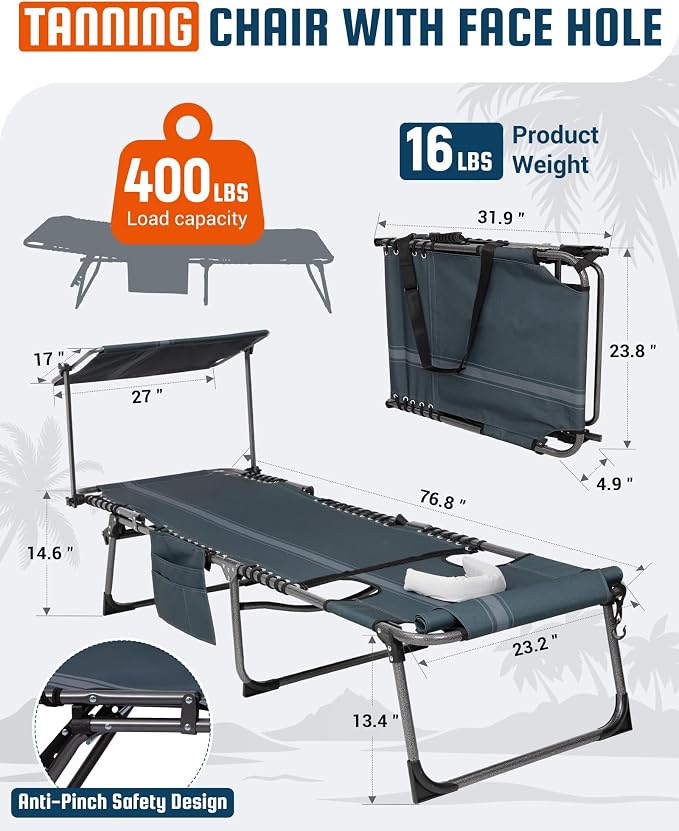 KingCamp Lounge Chair with face Hole & Canopy Shade, 400LBS Folding Portable - Image 2