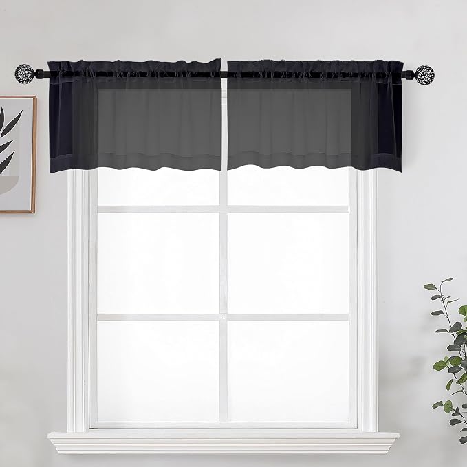 Black Sheer Kitchen Valance for Windows Set of 2, Small Modern Rod Pocket Voile by OWENIE