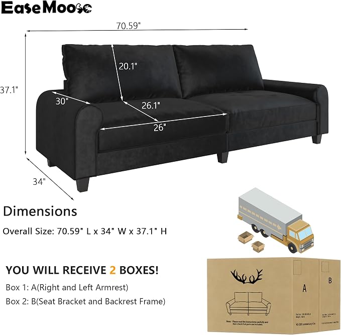 EASE MOOSE 70.6" Velvet Loveseat Sofa, Soft Deep Seat Couches - Image 2