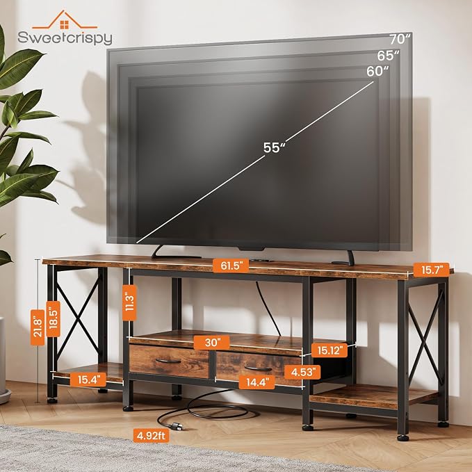 DUMOS 63” TV Stand with Power Outlets, Entertainment Center - Image 3