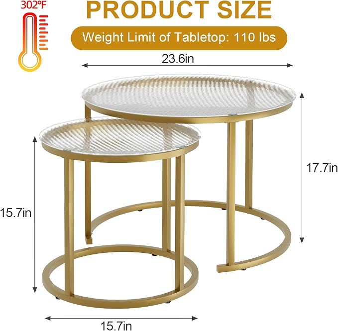aboxoo Nesting Coffee Table Set of 2, Small Round Glass Nesting Tables - Image 2