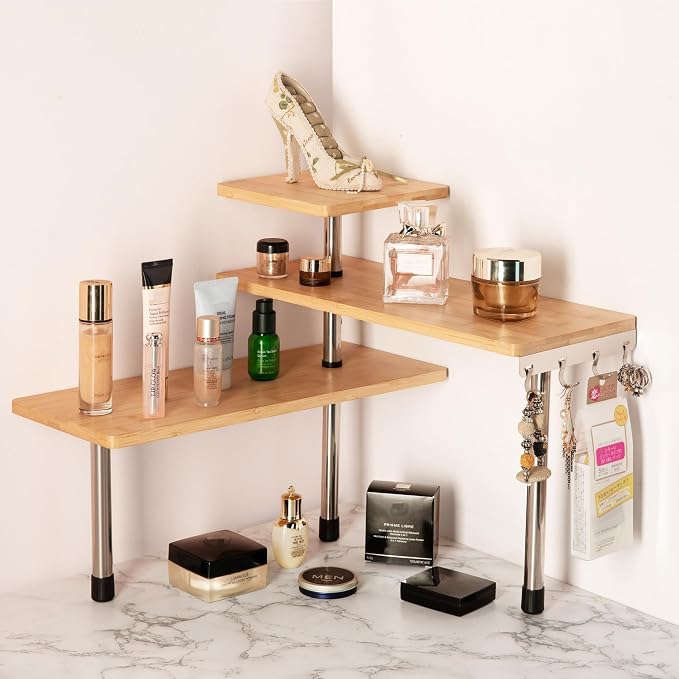 3-Tier Corner Shelf, Bamboo & Metal Storage Rack - Image 3