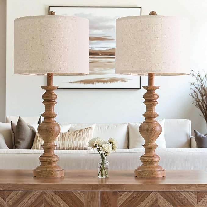 BOBOMOMO 27" Light Brown Table Lamps Set of 2, Large Farmhouse Resin Lamps - Image 5
