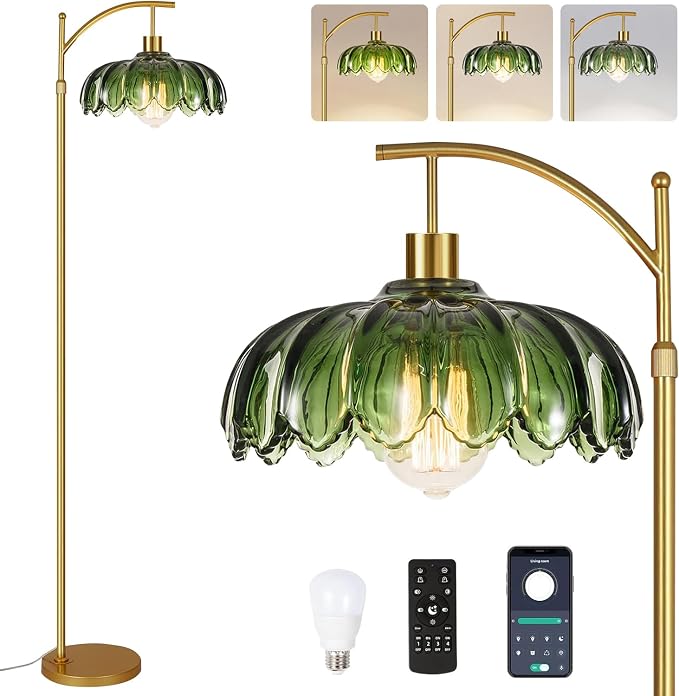 QIYIZM Glass Floor Lamp for Living Room, Mid Century Modern Brass Tall Lamp by QIYIZM