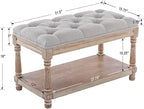 Farmhouse Storage Bench Wooden Entryway Linen Upholstered Ottoman Button Tufted - Image 2