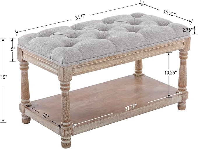 Farmhouse Storage Bench Wooden Entryway Linen Upholstered Ottoman Button Tufted - Image 2