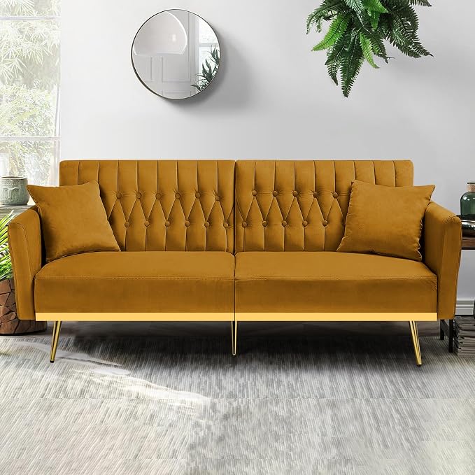 70” Velvet Futon Sofa Bed with 2 Pillows and Adjustable Armrests, Convertible - Image 2