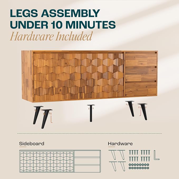 Bme Sideboard Georgina Solid Wood 2 Doors & 3 Drawers, Living Room, Teak Brown - Image 3