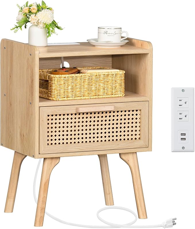 Lerliuo Rattan Nightstand with Charging Station, Boho Side Table with Drawer by Lerliuo