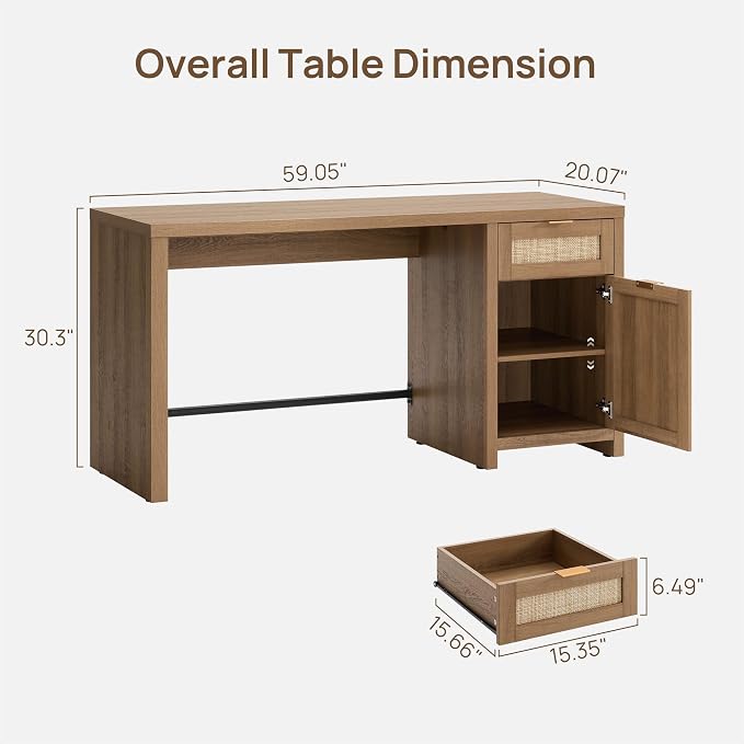 SICOTAS Rattan Home Office Desk, 2 Pieces Farmhouse Boho Executive Desk - Image 2