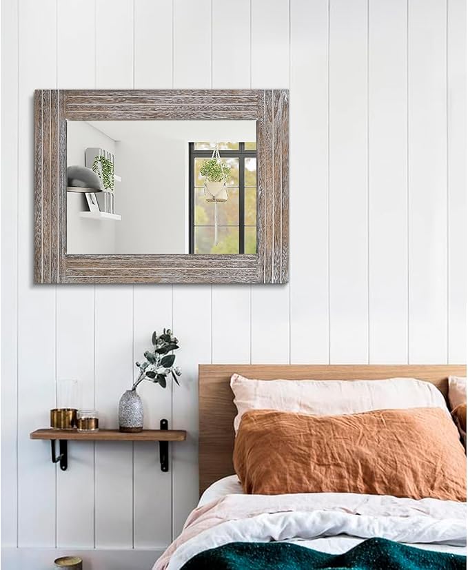 Wall Mirror Rustic Wooden Frame Rectangle Mirror Vintage Hanging Mirror - Image 5