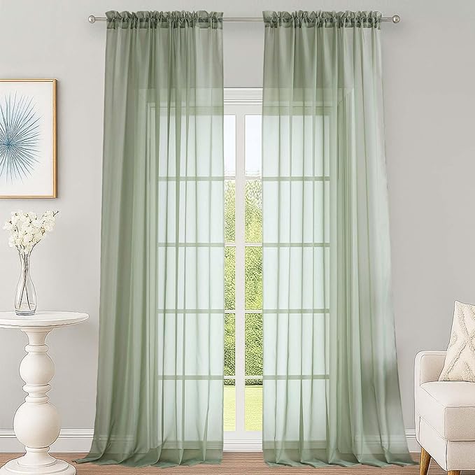 Sage Green Sheer Curtains 120 Inches Long 2 Panels Set, Airy Lightweight Sage by OWENIE