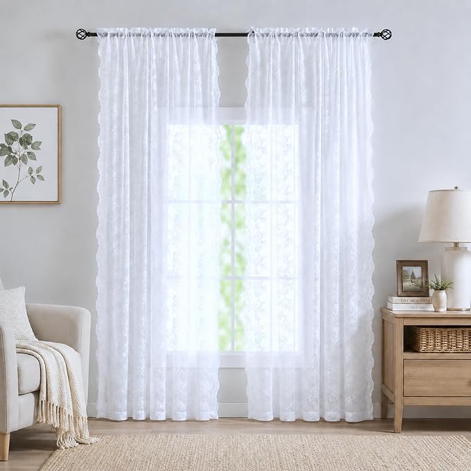 YJ YANJUN Vintage Lace Curtains 63 Inches Long Brilliant White 2 Panels | by YJYANJUN