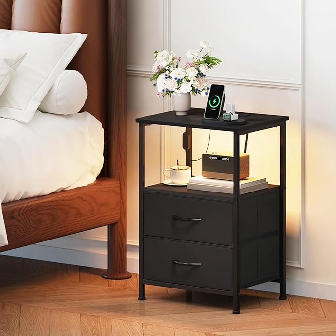 Somdot Black Nightstand with Charging Station and LED Light - Image 2