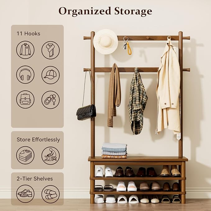Hall Tree with Shoe Storage Bench, 3-in-1 Entryway Coat Rack with Bench - Image 4
