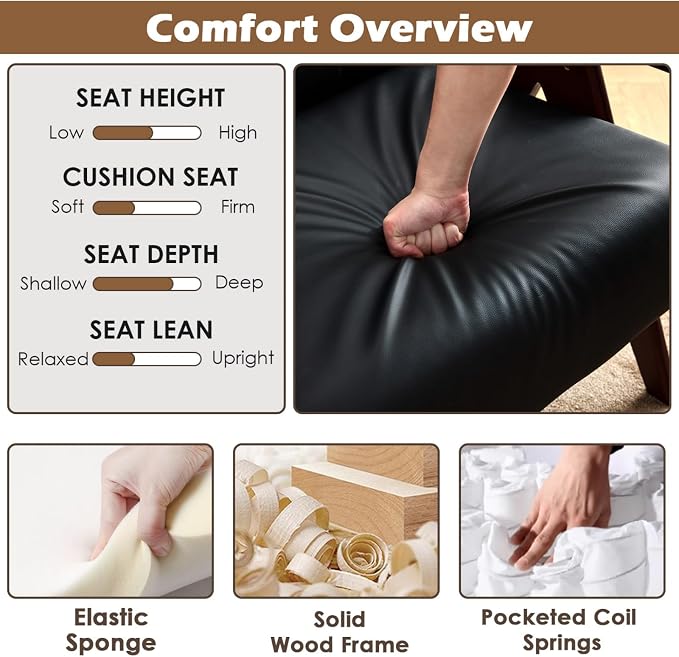 STHOUYN Black Leather Accent Chairs Set of 2, Mid Century Modern Accent Chair - Image 5