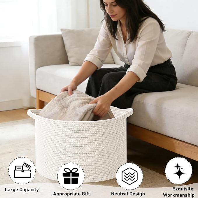 115L Extra Large Woven Cotton Rope Blanket Basket - Image 4