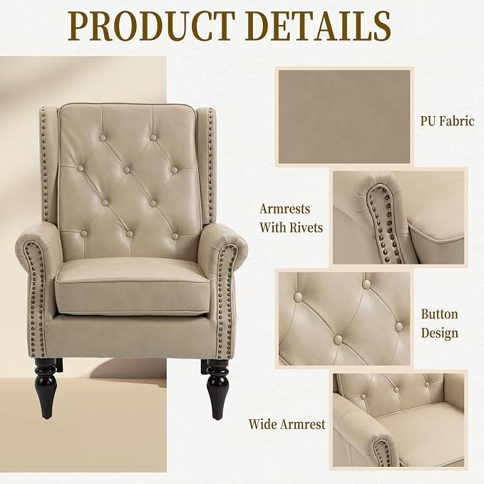 Mid-Century High Wingback Chair Set of 2, Faux Leather Accent Chair Armchair - Image 4