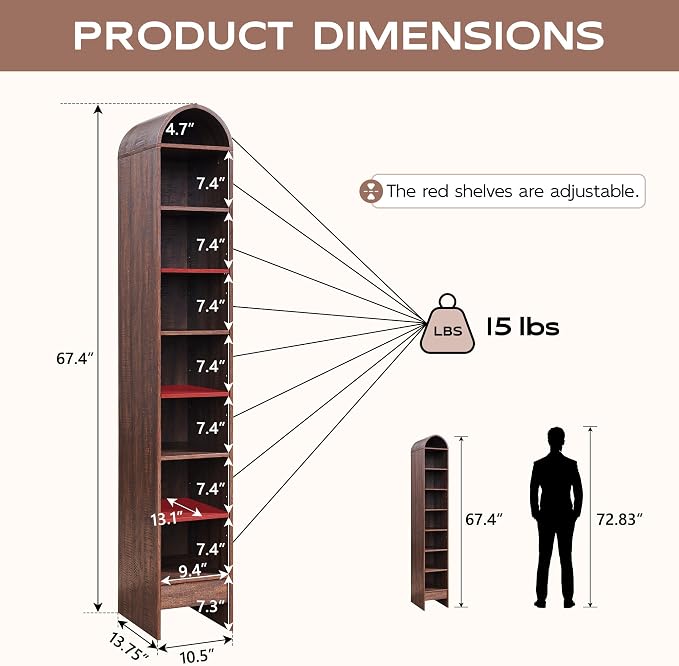 IFGET 67" Tall Arched Bookshelf, 8 Tiers Arch Bookcase - Image 2