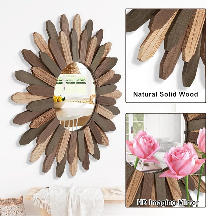 Emfogo Wall Mirror 21 inch Large Rustic Wood Boho Mirror Wall Decor Boho Room - Image 4