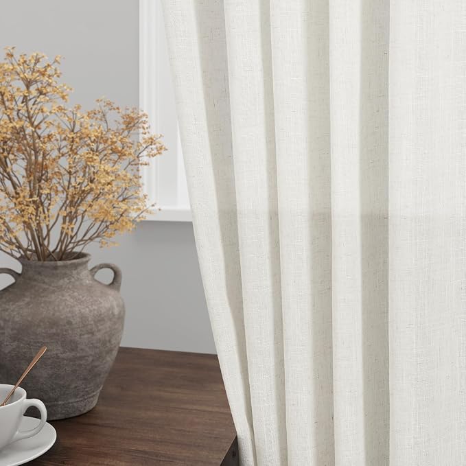 Cream Semi Sheer Linen Curtains 102 Inch Long Curtains Back Tab Rod Pocket 2 - Image 2