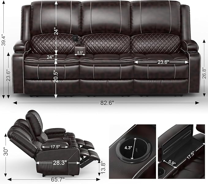 Yolsali Recliner Sofa, 3 Seater Manual Reclining Sofa - Image 2