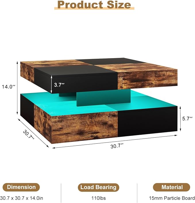 HedoAjim LED Coffee Table for Living Room, Living Room Table 2-Tier Square - Image 2