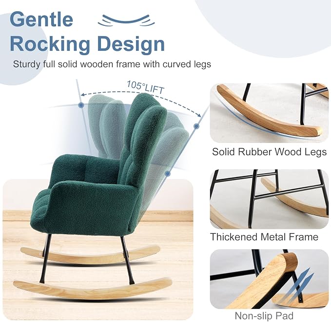 DUMOS Rocking Chair with Wing Backrest, Teddy Comfy Upholstered Indoor Reading - Image 6