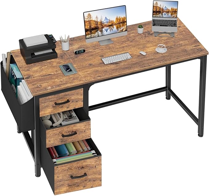 Lufeiya Computer Desk with Fabric File Drawers Cabinet, 55 Inch Reversible Home by LUFEIYA