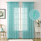 MIULEE Turquoise Sheer Curtains 2 Panels Leaf Patterned, W52 x L84 | - Image 2
